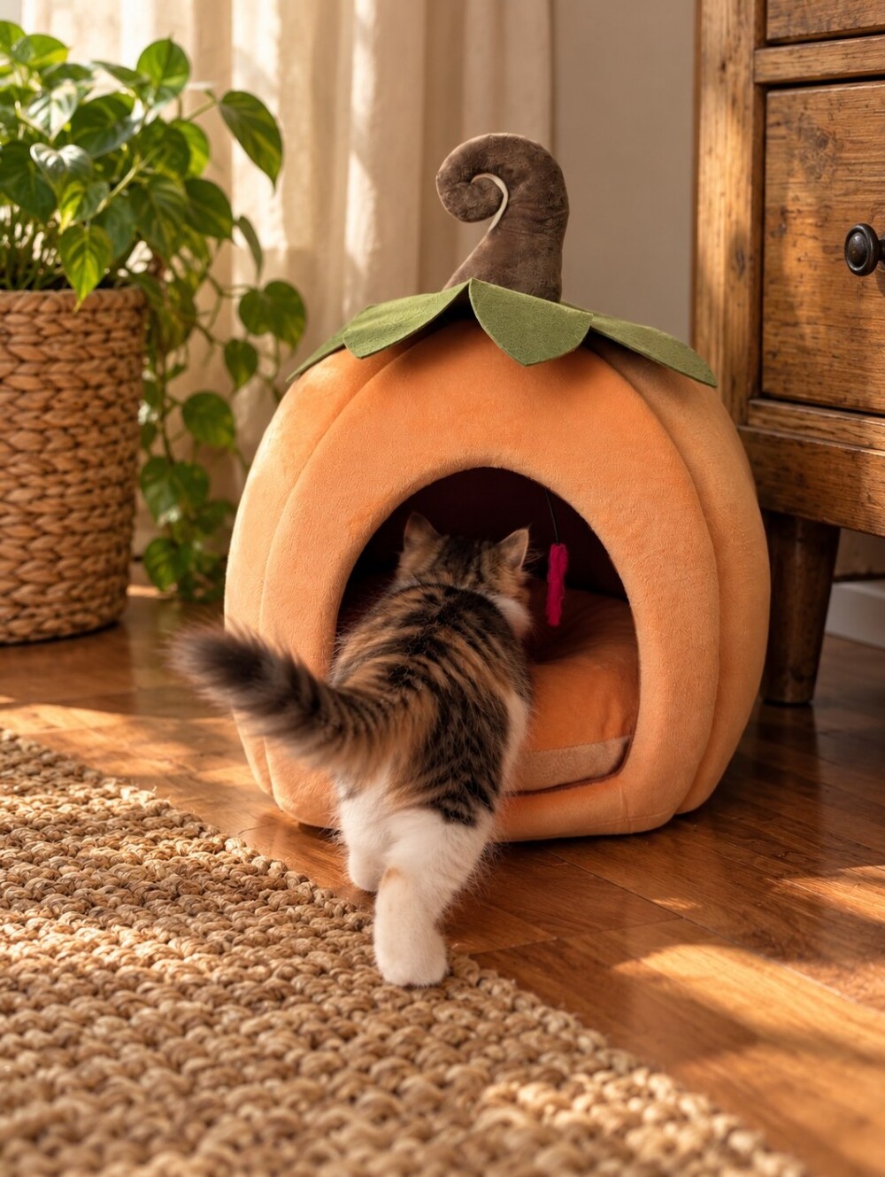 Brigade Pumpkin-Shaped Cat Cave Bed with Cushion – Cozy Plush Pet Hideaway